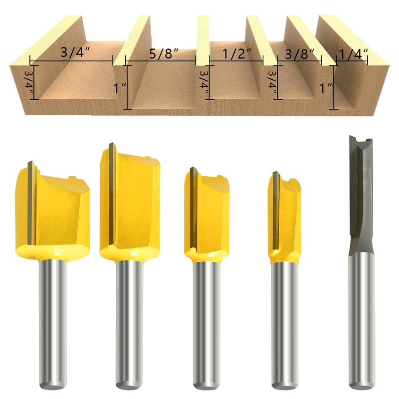 MEIGGTOOL 5Pcs Straight Dado Router Bit Set, 1/4-Inch Shank Round Nose, Cutting Diameter: 1/4, 3/8, 1/2, 5/8, 3/4 Inch - Image 2